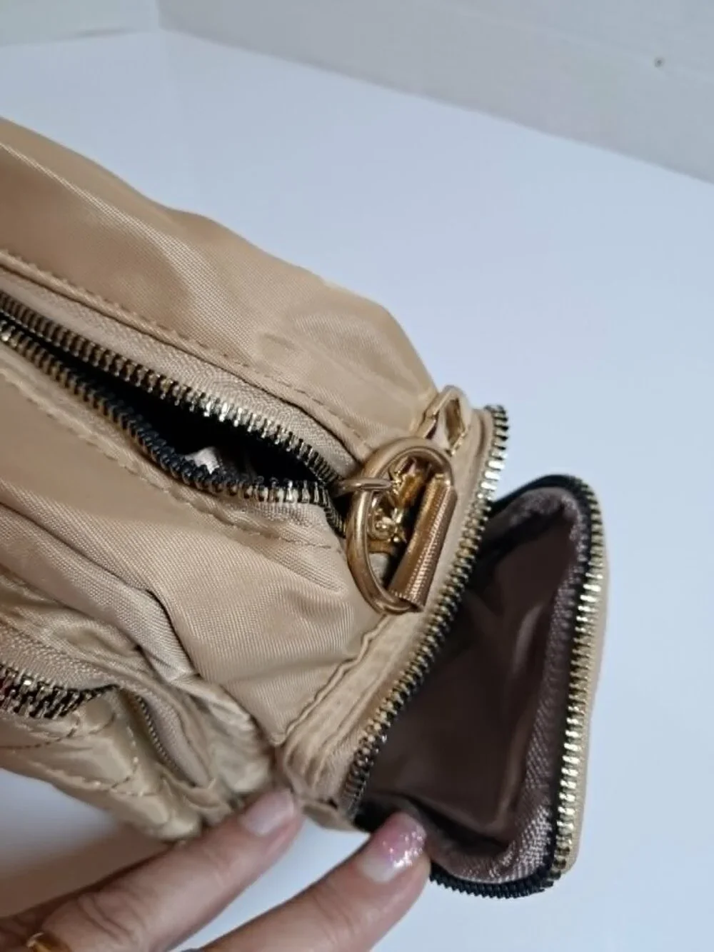 Beige Quilted Nylon Crossbody Shoulder Bag